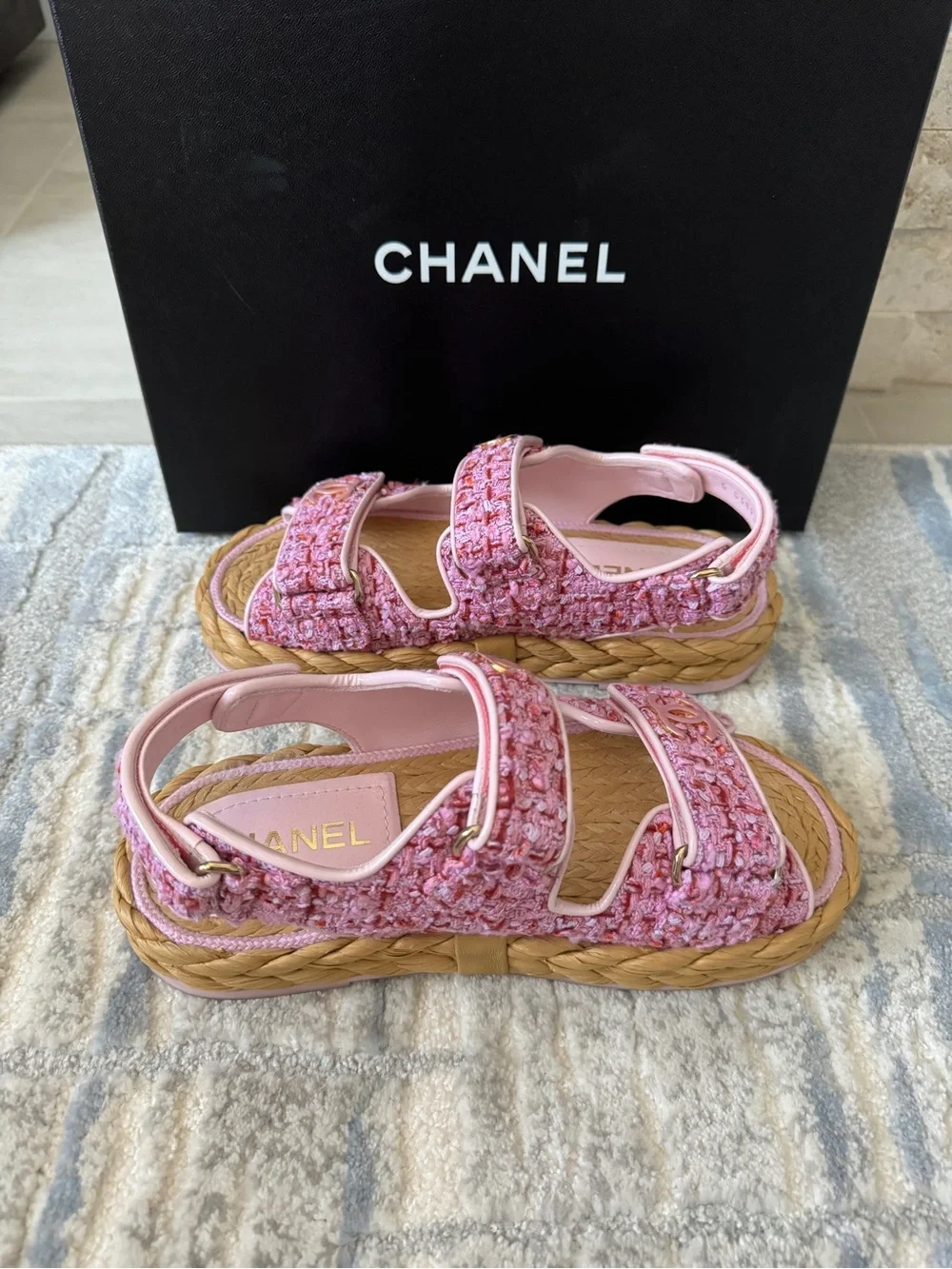Chanel Pink and Red Tweed Dad Sandals Braided Raffia Sole Pink CC Logos 22P
